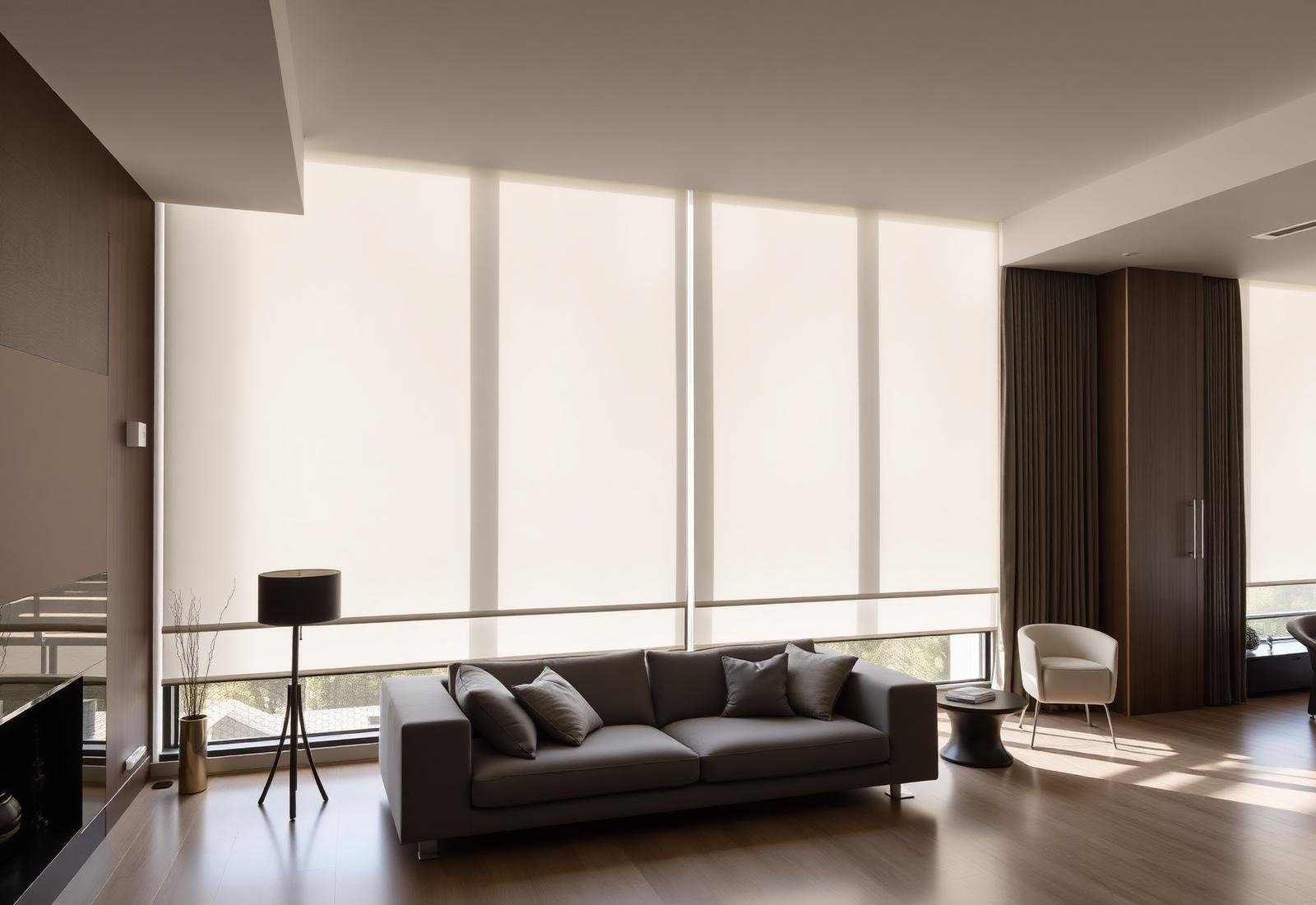 Living moderno con cortinas roller a medida